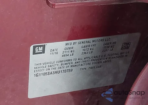 2017 Chevrolet Impala 1Lt from USA, damaged, VIN 1G1105SA3HU170759